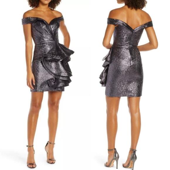 Mac Duggal Ruffle Off The Shoulder Dress‎ Metallic Purple Size XS NWT - Picture 1 of 11